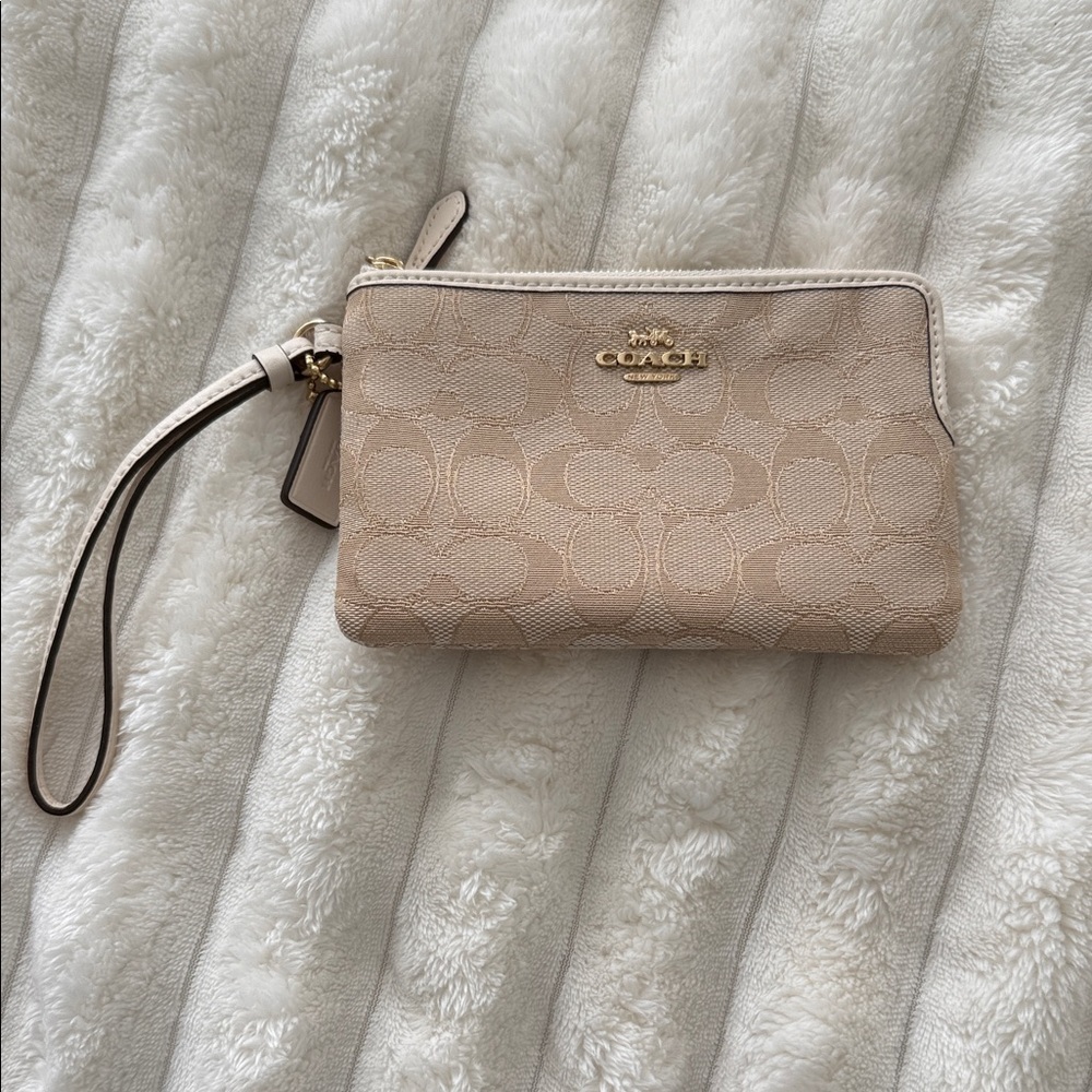 Coach Beige Signature Canvas Wristlet with Gold Hardware